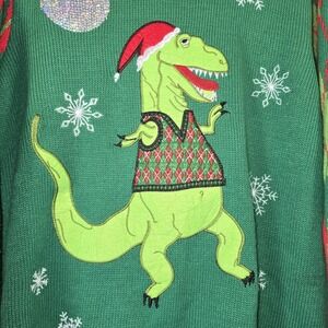 Jolly Sweaters Size Large Green Red T-rex Dinosaur Ugly Christmas Sweater Argyle